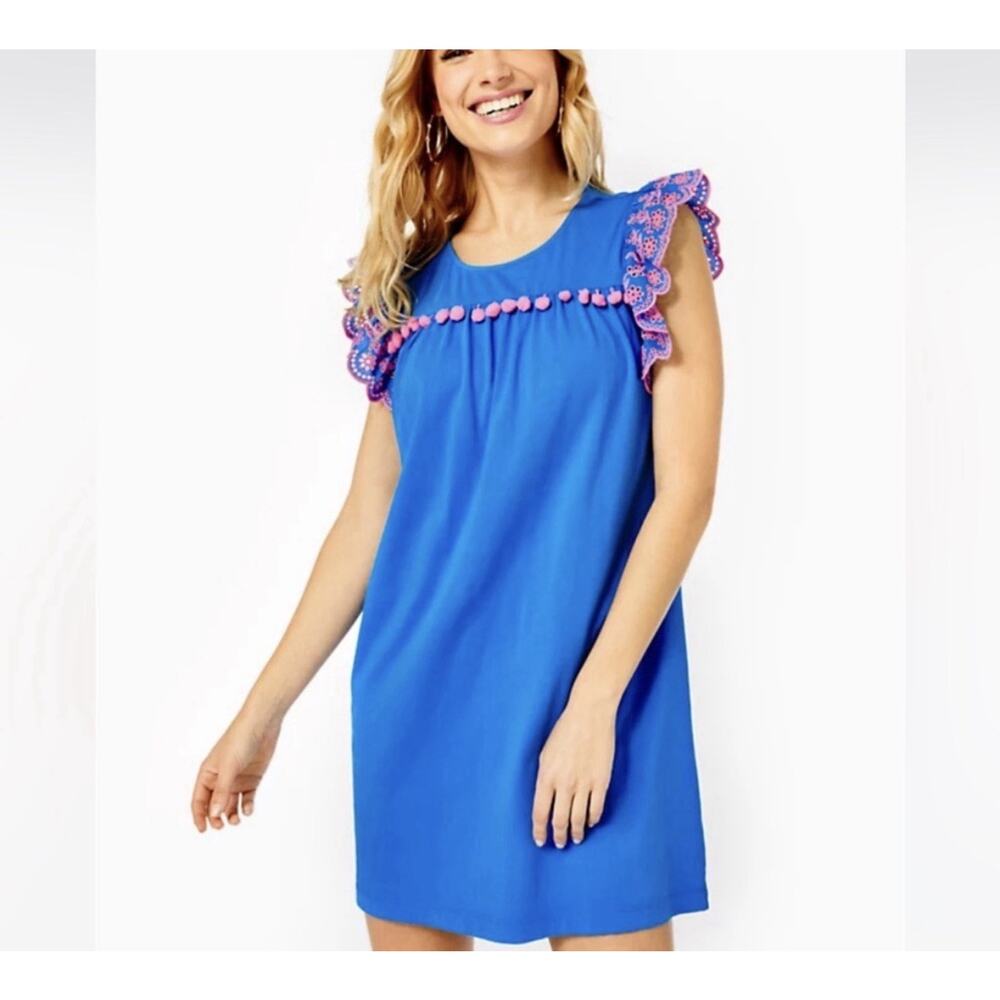 Lilly Pulitzer Ave Mini Shift Dress Women's Small Blue Pom Pom Flutter Resort